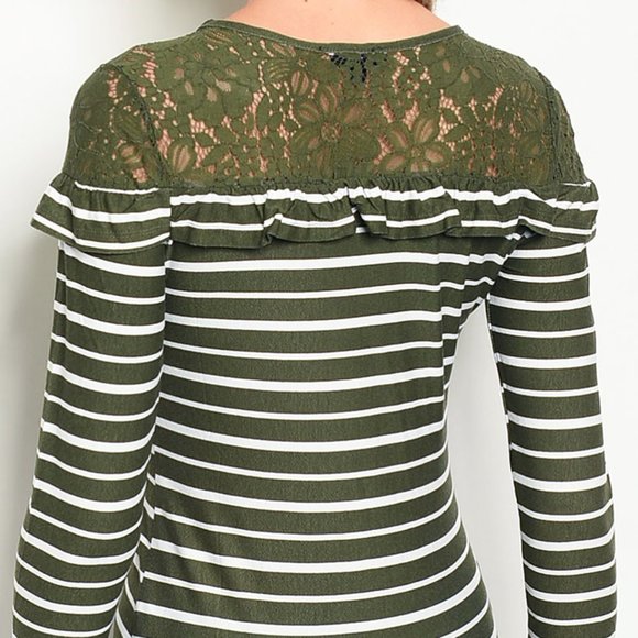 Olive White Stripe Lace Ruffle Soft Stretch Top - Picture 4 of 7